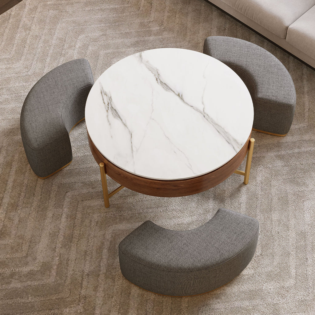 Modern Lift-Top Round Coffee Table with Hidden Storage, Walnut Veneer & Sintered Stone Top,3 Upholstered Nesting Ottomans, Space-Saving Design