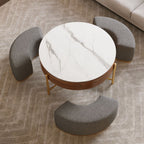 Modern Lift-Top Round Coffee Table with Hidden Storage, Walnut Veneer & Sintered Stone Top,3 Upholstered Nesting Ottomans, Space-Saving Design
