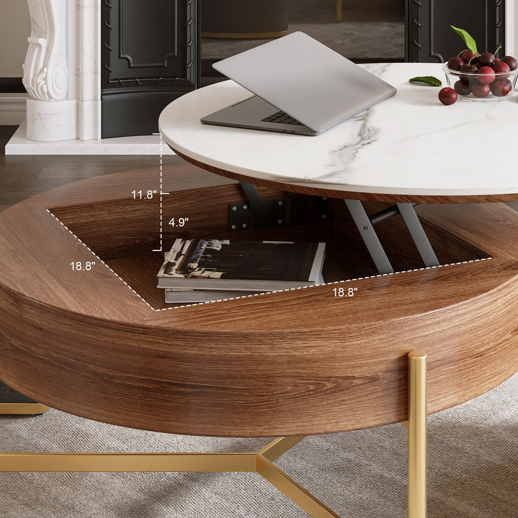 Modern Lift-Top Round Coffee Table with Hidden Storage, Walnut Veneer & Sintered Stone Top,3 Upholstered Nesting Ottomans, Space-Saving Design