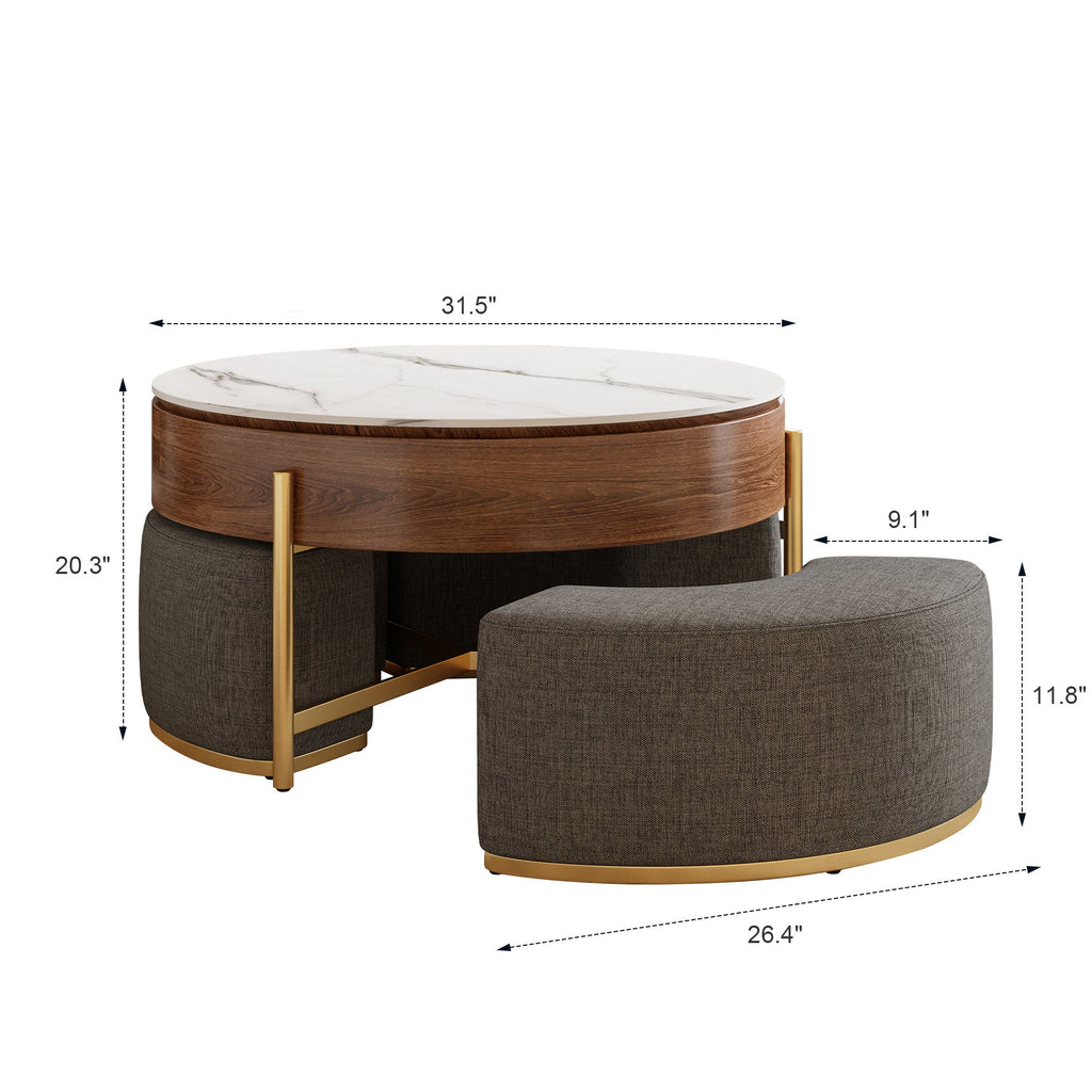 Modern Lift-Top Round Coffee Table with Hidden Storage, Walnut Veneer & Sintered Stone Top,3 Upholstered Nesting Ottomans, Space-Saving Design