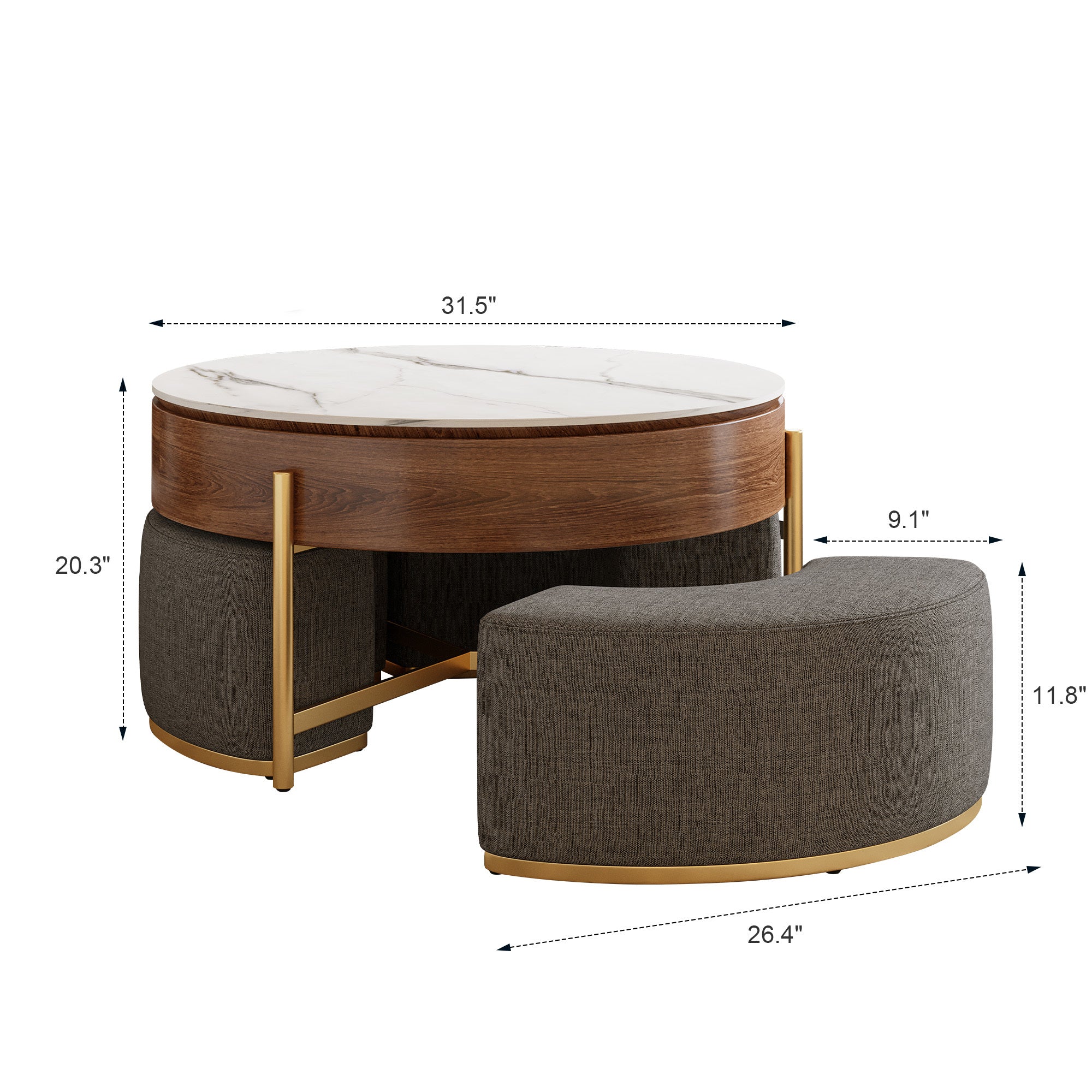 Modern Lift-Top Round Coffee Table with Hidden Storage, Walnut Veneer & Sintered Stone Top,3 Upholstered Nesting Ottomans, Space-Saving Design