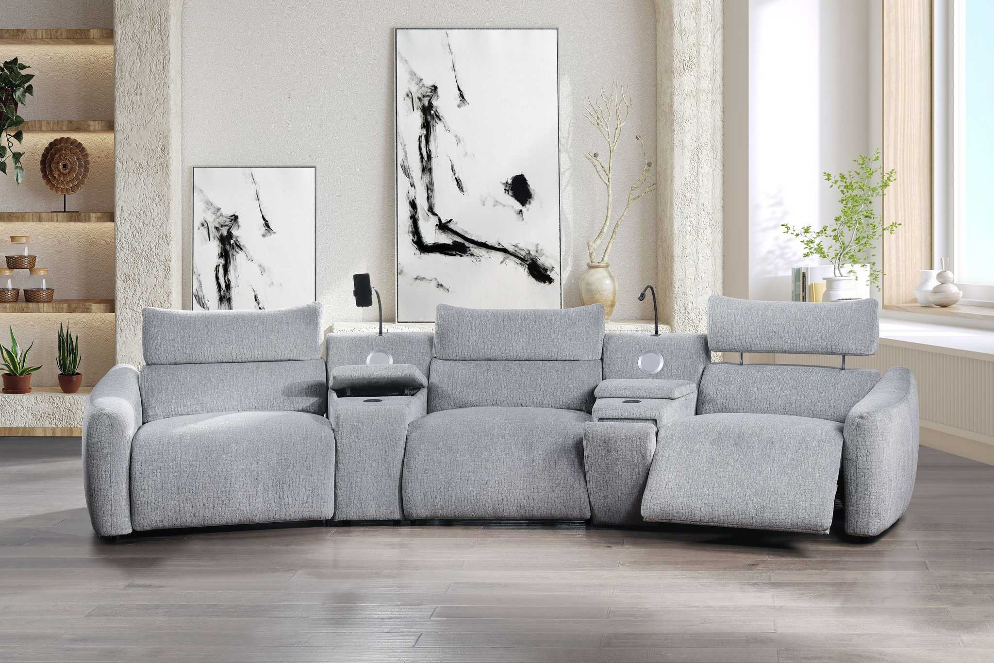 Gray sectional sofa in a living room with decor elements.