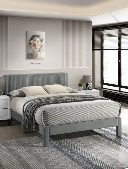 1pc Contemporary Plush Upholstered Headboard Ribbed Texture Low-profile Frame Unobtrusive Legs Queen Platform Bed Light Gray Bedroom Furniture