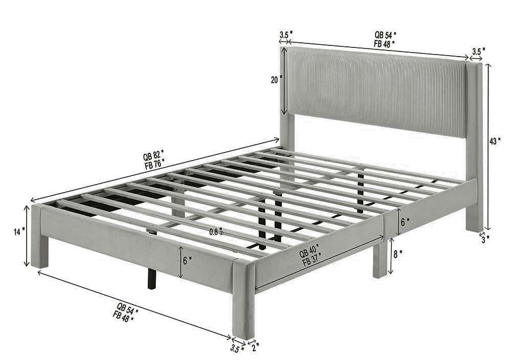 1pc Contemporary Plush Upholstered Headboard Ribbed Texture Low-profile Frame Unobtrusive Legs Queen Platform Bed Light Gray Bedroom Furniture