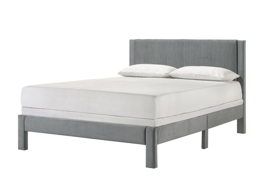 1pc Contemporary Plush Upholstered Headboard Ribbed Texture Low-profile Frame Unobtrusive Legs Queen Platform Bed Light Gray Bedroom Furniture