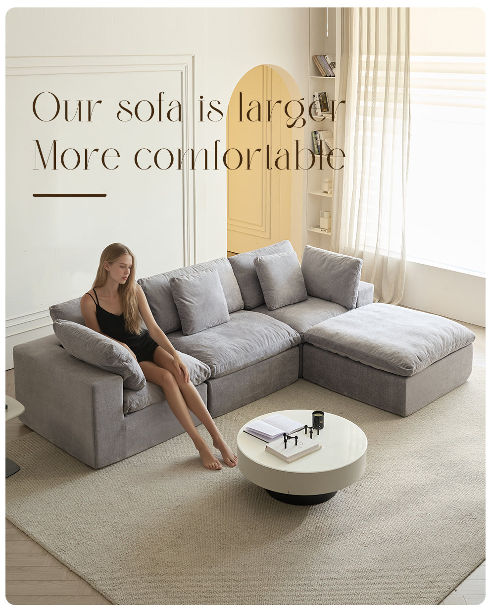 Cloud Modular Sectional Sofa, Oversized Sectional Couches for Living Room, Cushion Deep Seat Sofa Set, Corduroy L Shaped Couch with 1 Ottoman (Light Gray)