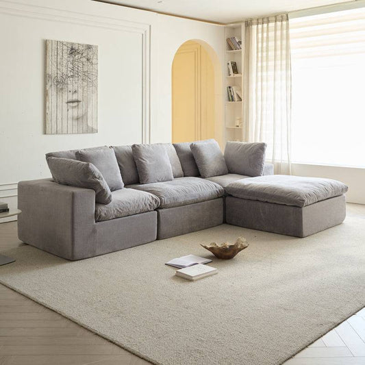 Cloud Modular Sectional Sofa, Oversized Sectional Couches for Living Room, Cushion Deep Seat Sofa Set, Corduroy L Shaped Couch with 1 Ottoman (Light Gray)