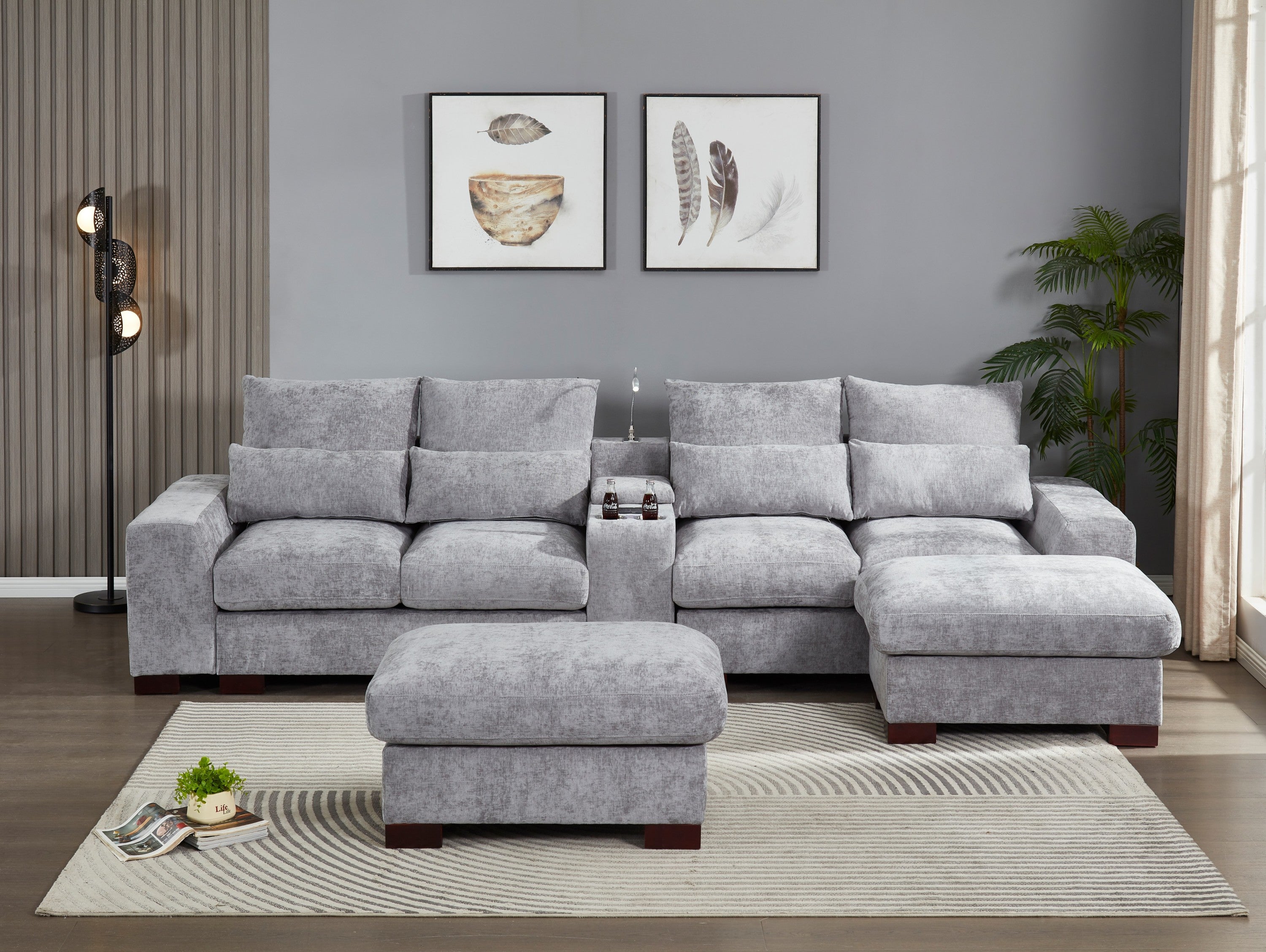 Modern Sectional Sofa Couch with Console,USB Charging Port,Reading Light,Cup Holder, Light Grey