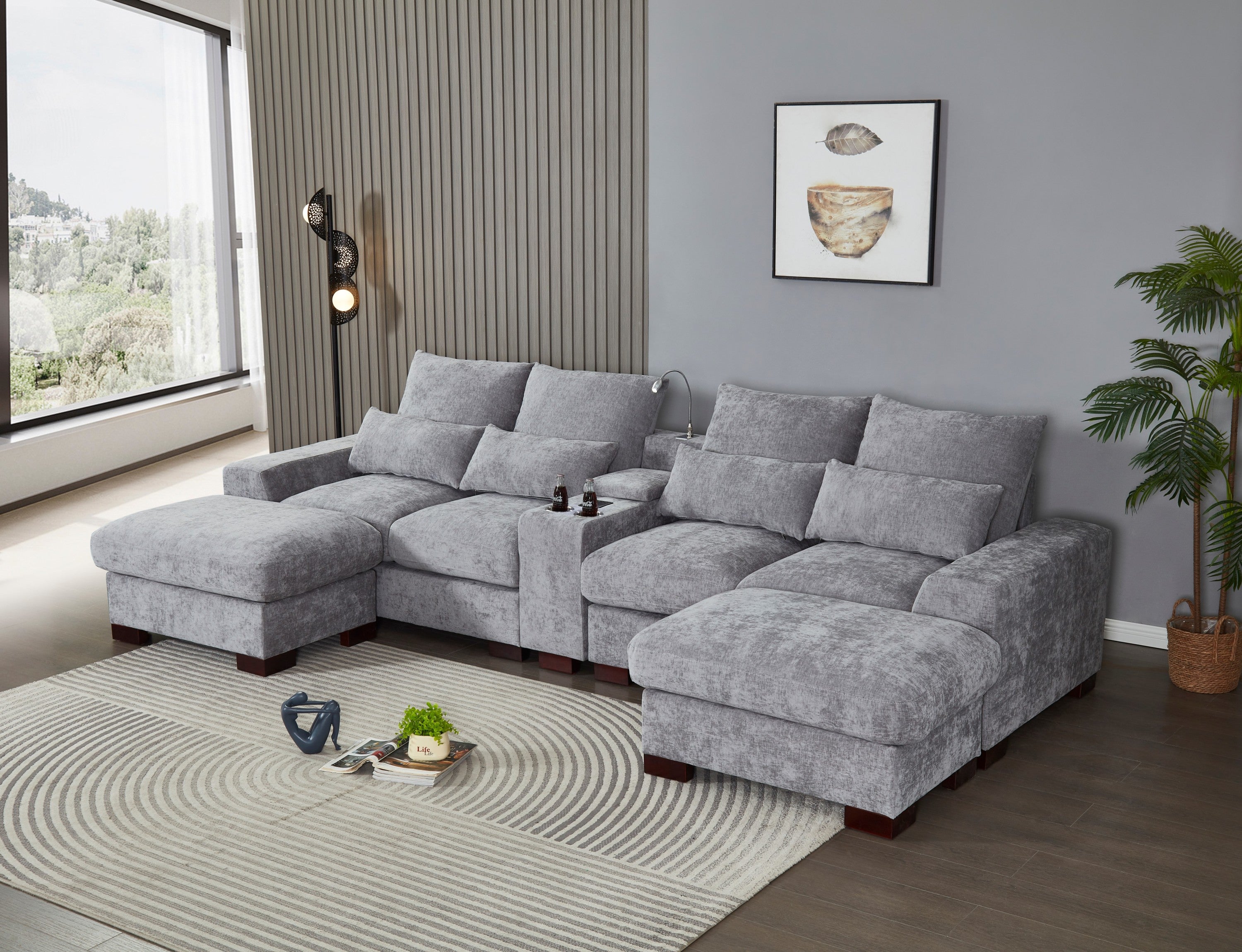 Modern Sectional Sofa Couch with Console,USB Charging Port,Reading Light,Cup Holder, Light Grey