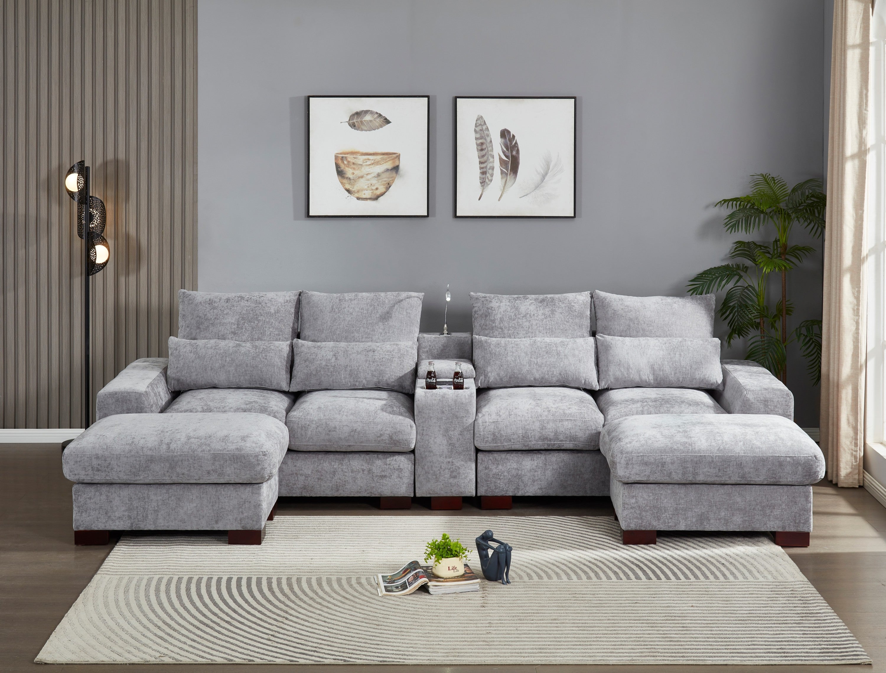 Modern Sectional Sofa Couch with Console,USB Charging Port,Reading Light,Cup Holder, Light Grey