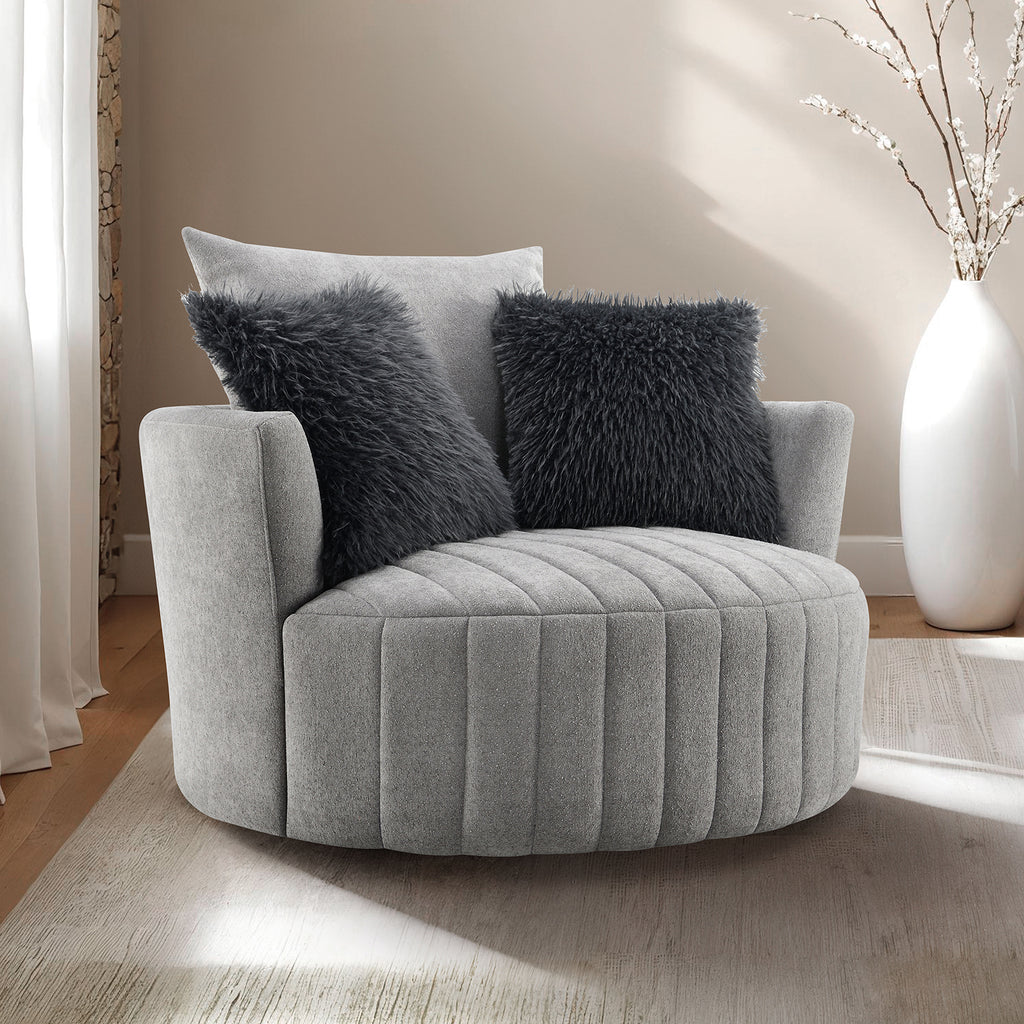 Light Gray Finish Transitional Style 1pc Channel Tufted Swivel Round Chair Scattered Back Pillow Primary living Room Accent Chair