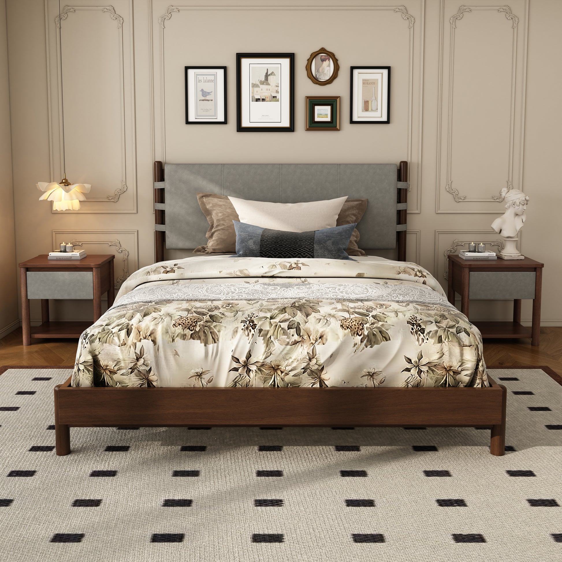 Modern Queen Bed Frame Set with 2 Nightstands, Light Gray Wood Platform Bed with Headboard and Matching Bedside Tables for Bedroom Bedroom Set