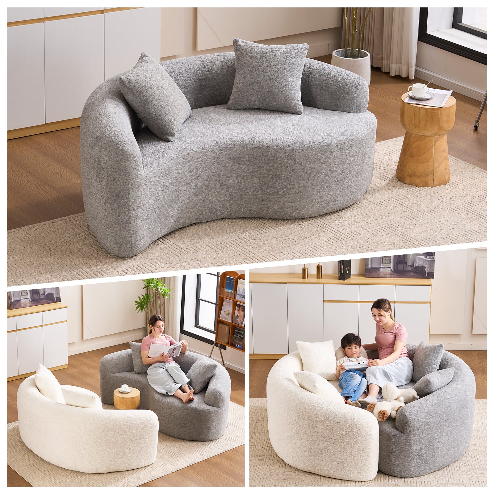 LY-042 S-Curved Dual-Depth Loveseat, Full Compression Sponge Sofa Light Grey Chenille, 66.9'L for Small Apartments