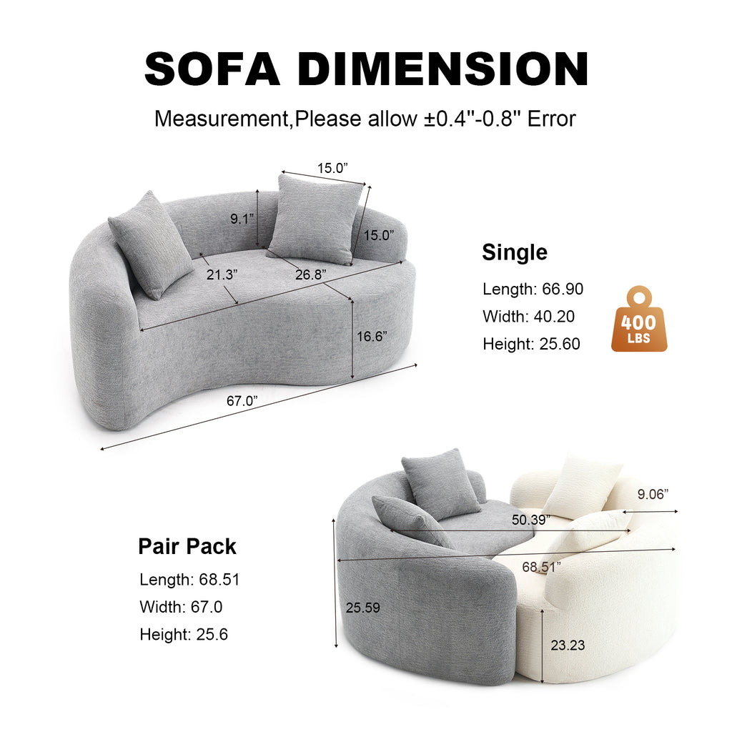 LY-042 S-Curved Dual-Depth Loveseat, Full Compression Sponge Sofa Light Grey Chenille, 66.9'L for Small Apartments