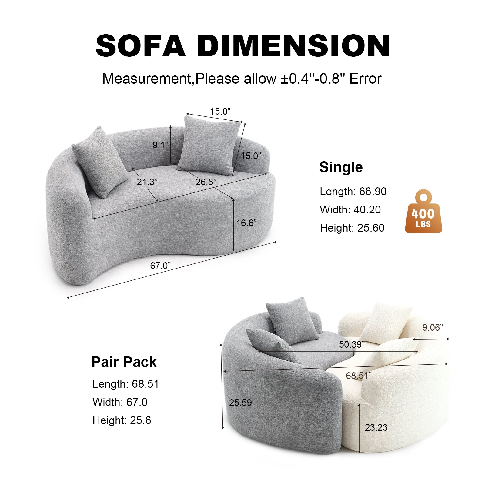 LY-042 S-Curved Dual-Depth Loveseat, Full Compression Sponge Sofa Light Grey Chenille, 66.9'L for Small Apartments