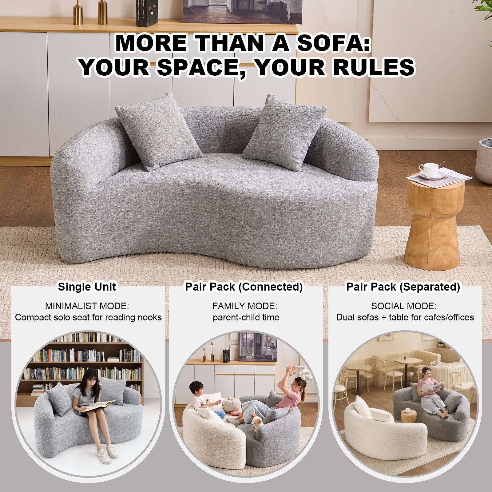 LY-042 S-Curved Dual-Depth Loveseat, Full Compression Sponge Sofa Light Grey Chenille, 66.9'L for Small Apartments