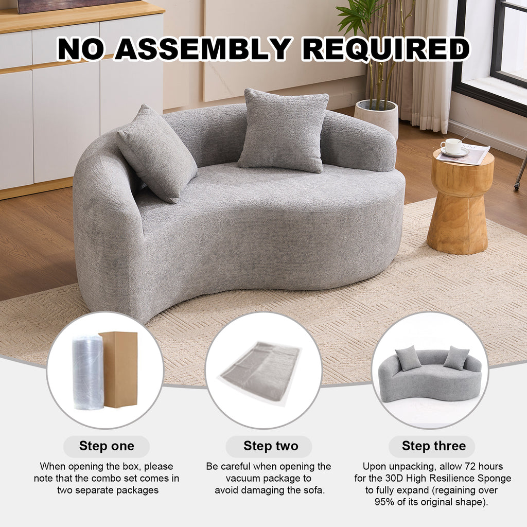 LY-042 S-Curved Dual-Depth Loveseat, Full Compression Sponge Sofa Light Grey Chenille, 66.9'L for Small Apartments