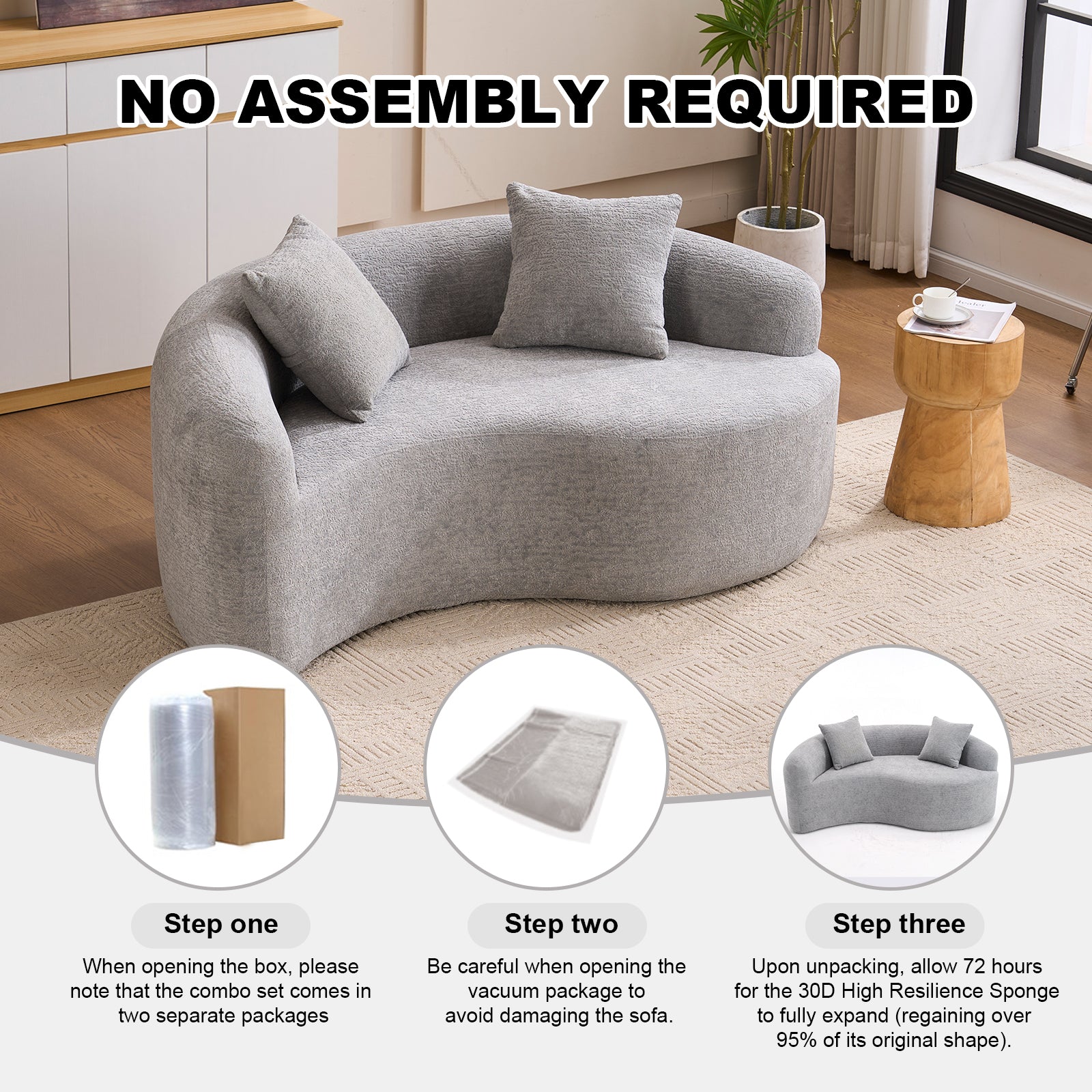 LY-042 S-Curved Dual-Depth Loveseat, Full Compression Sponge Sofa Light Grey Chenille, 66.9'L for Small Apartments