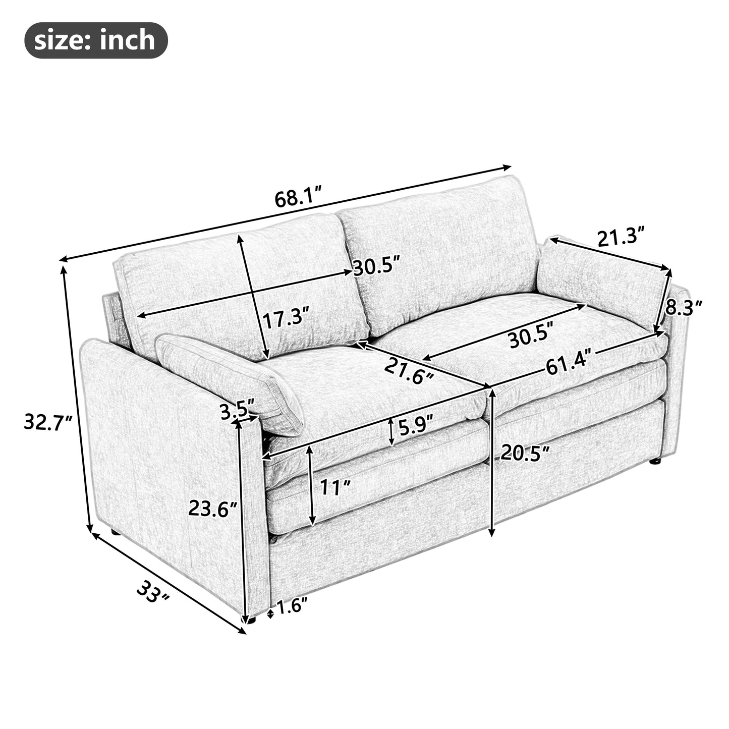 68.1' Cozy Upholstered Loveseat Sofa Oversized Comfy Comfy Cloud Sofa Double Cushion Loveseat Sofa Plush Cushion Sofa Couch for Living Room,Light Grey