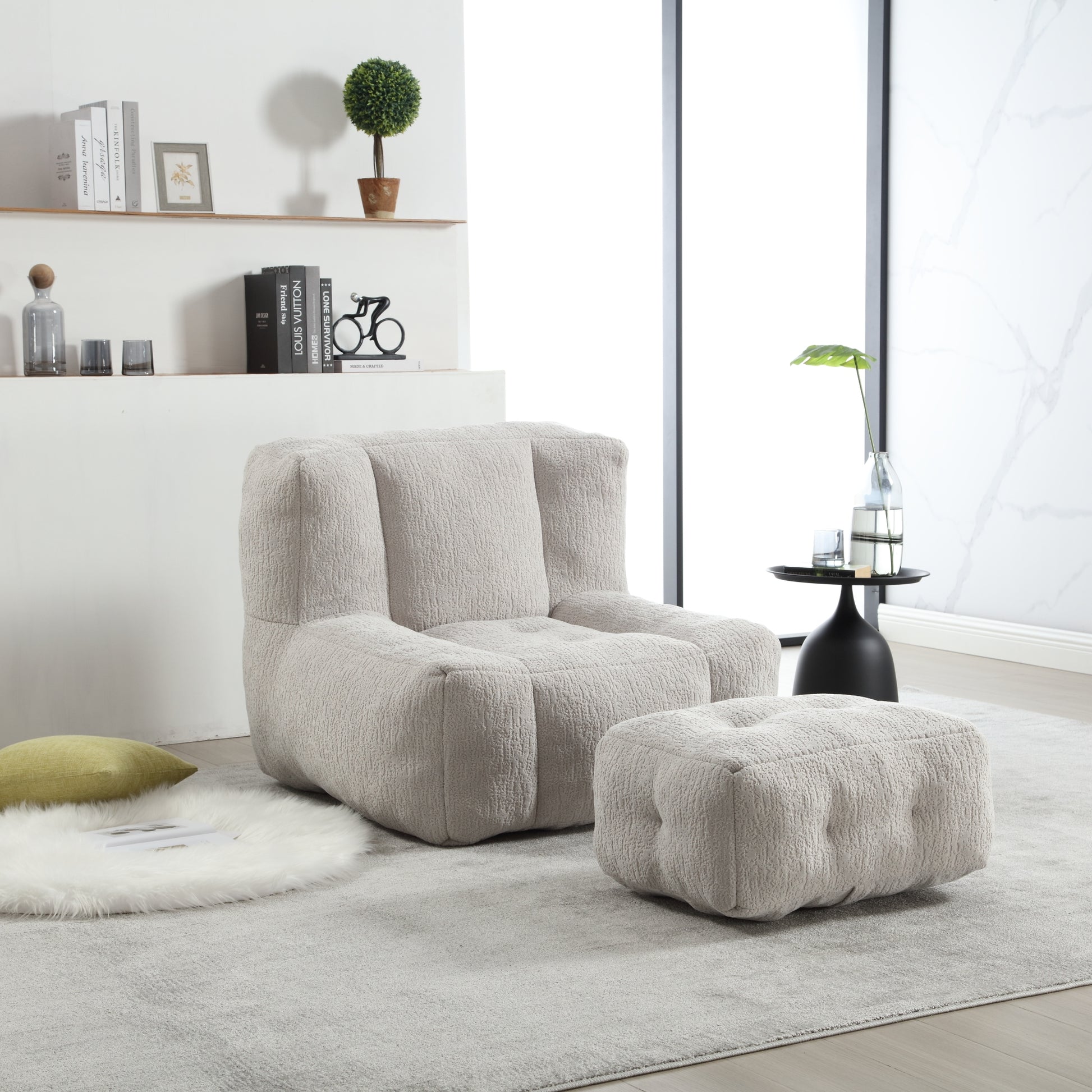 Fluffy bean bag chair, comfortable bean bag for adults, super soft lazy sofa chair with memory foam and ottoman, indoor modern focus bean bag chair for living room, bedroom, apartment
