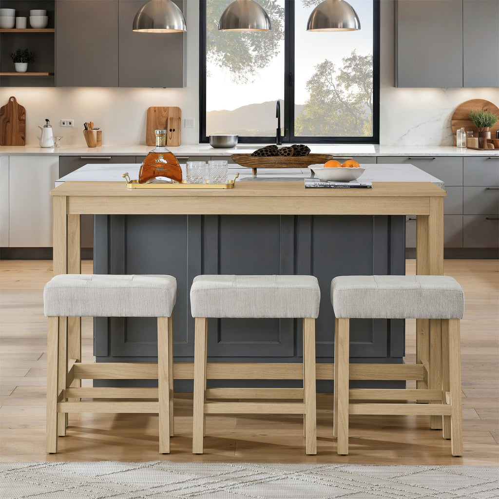 59 Inch Bar Table, Dining Table, Sofa Table with Power Outlet, 3 Upholstered Stools, 4 Piece Bar Table and Chair Set for Living Room, Dining Room, Kitchen