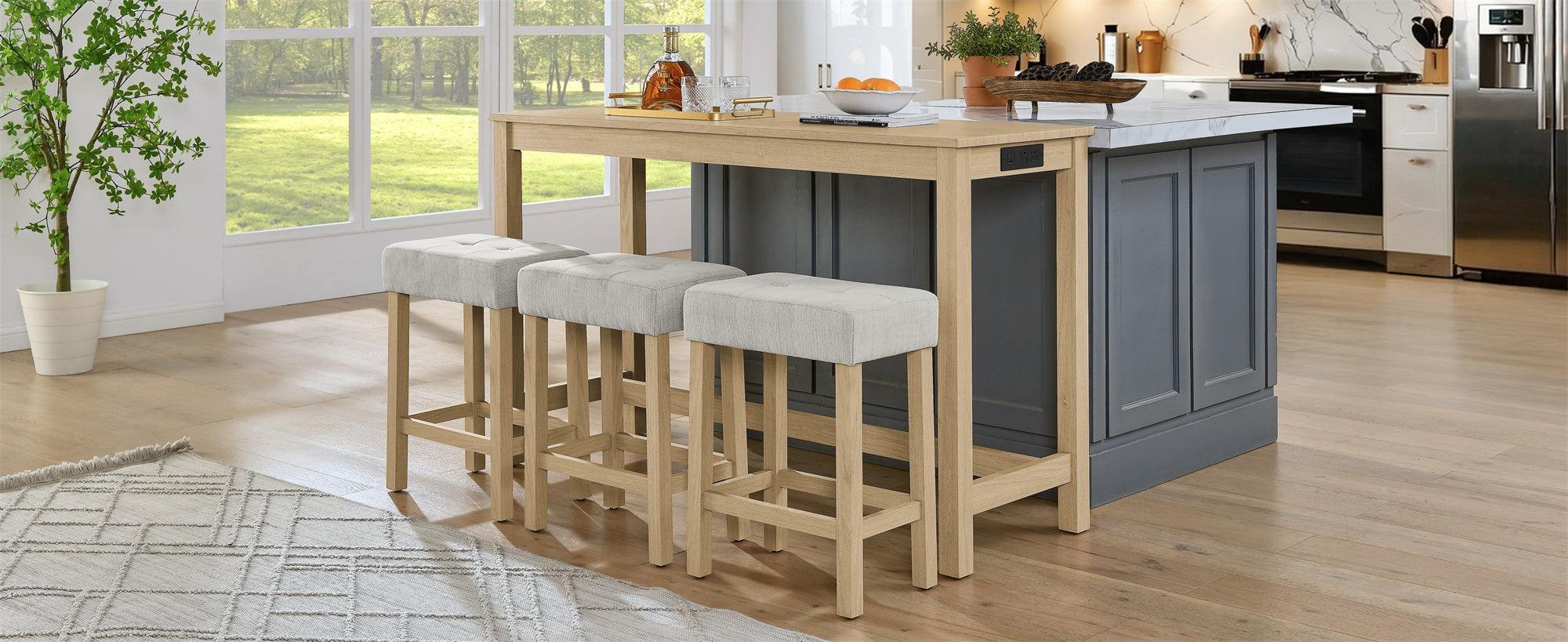 59 Inch Bar Table, Dining Table, Sofa Table with Power Outlet, 3 Upholstered Stools, 4 Piece Bar Table and Chair Set for Living Room, Dining Room, Kitchen