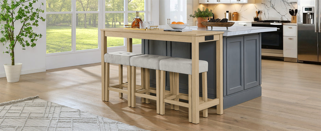 59 Inch Bar Table, Dining Table, Sofa Table with Power Outlet, 3 Upholstered Stools, 4 Piece Bar Table and Chair Set for Living Room, Dining Room, Kitchen