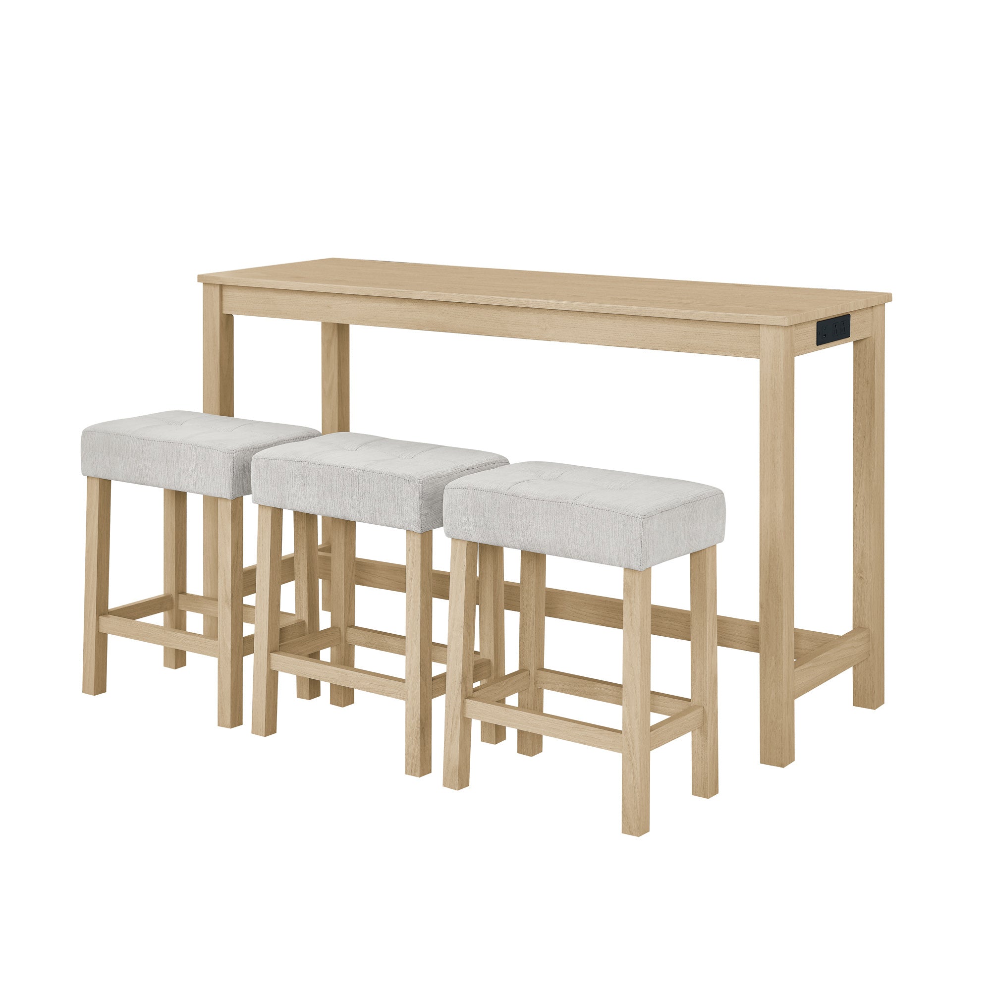 59 Inch Bar Table, Dining Table, Sofa Table with Power Outlet, 3 Upholstered Stools, 4 Piece Bar Table and Chair Set for Living Room, Dining Room, Kitchen