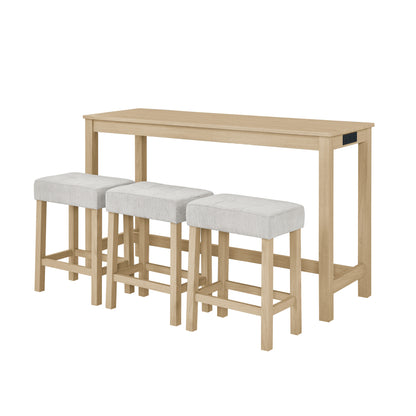 59 Inch Bar Table, Dining Table, Sofa Table with Power Outlet, 3 Upholstered Stools, 4 Piece Bar Table and Chair Set for Living Room, Dining Room, Kitchen