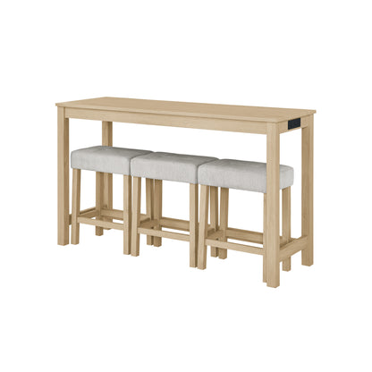 59 Inch Bar Table, Dining Table, Sofa Table with Power Outlet, 3 Upholstered Stools, 4 Piece Bar Table and Chair Set for Living Room, Dining Room, Kitchen