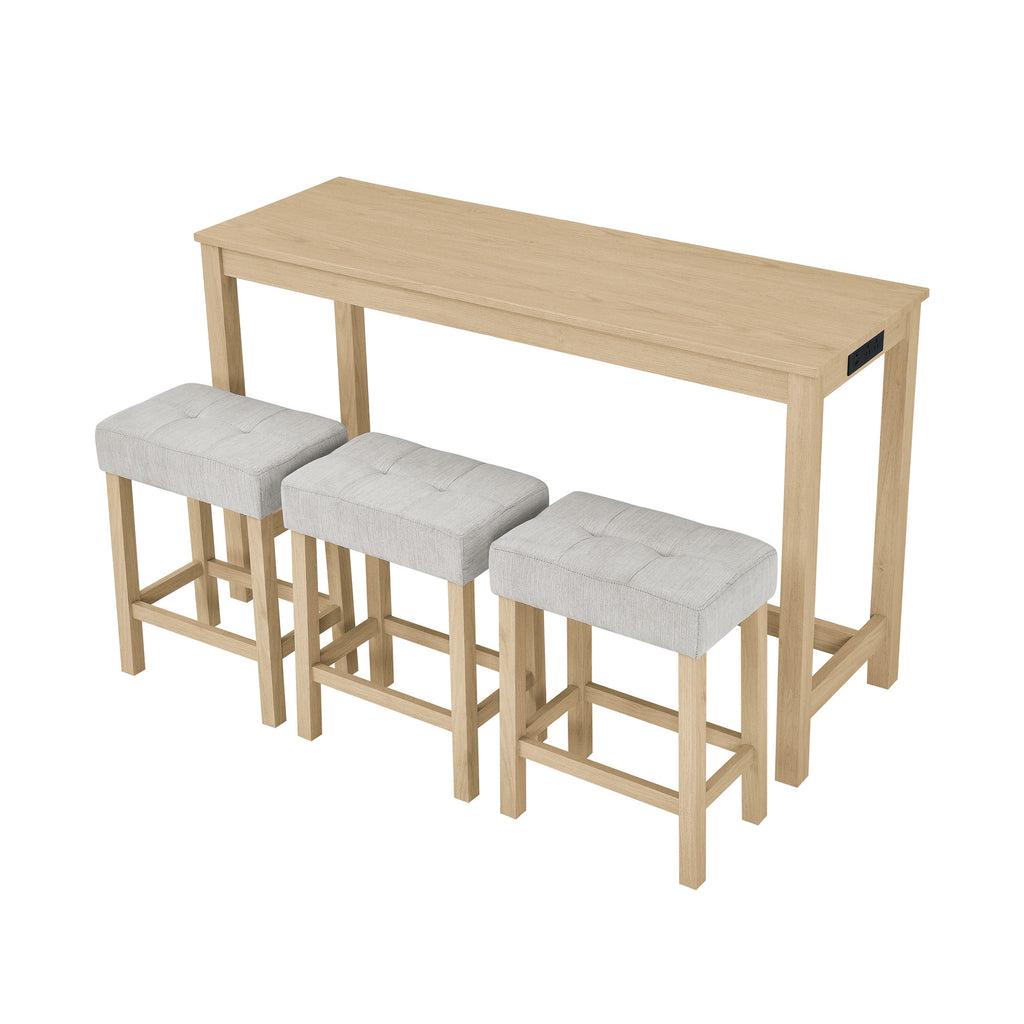 59 Inch Bar Table, Dining Table, Sofa Table with Power Outlet, 3 Upholstered Stools, 4 Piece Bar Table and Chair Set for Living Room, Dining Room, Kitchen