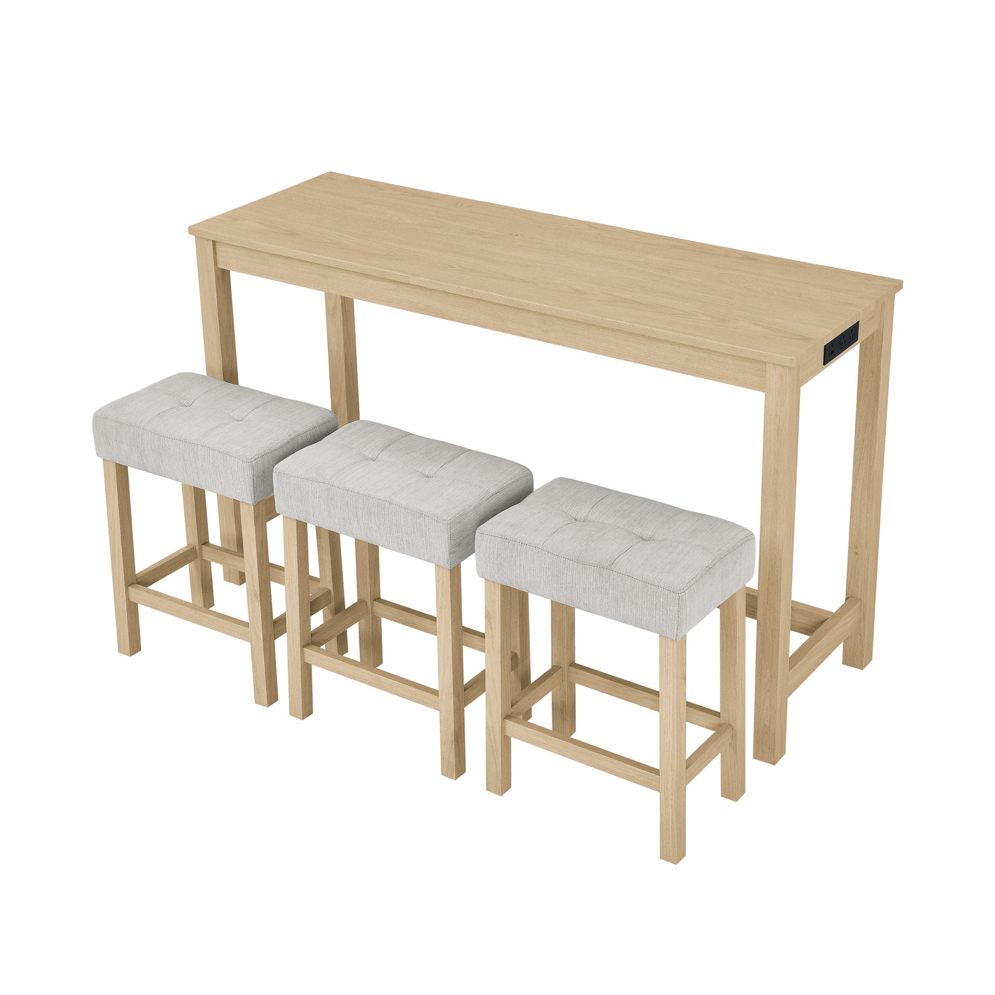59 Inch Bar Table, Dining Table, Sofa Table with Power Outlet, 3 Upholstered Stools, 4 Piece Bar Table and Chair Set for Living Room, Dining Room, Kitchen