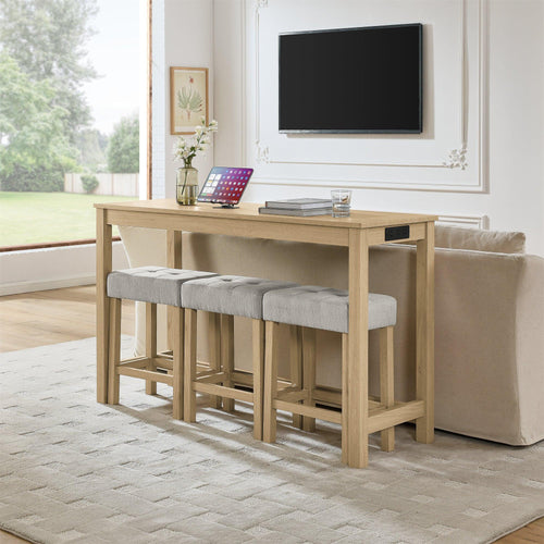 Light Oak Solid Wood 4-Piece Bar Table Set With Power Outlet.