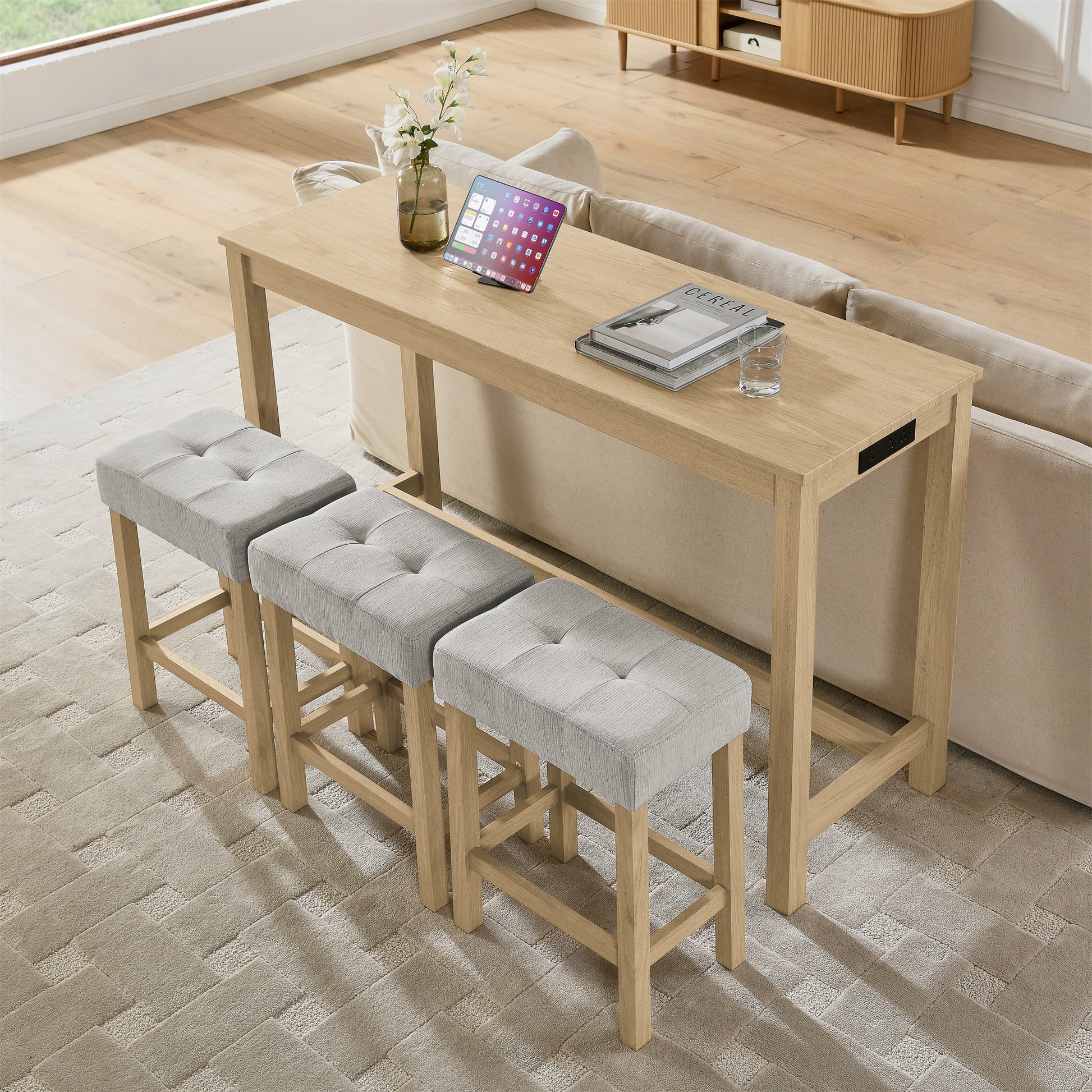 59 Inch Bar Table, Dining Table, Sofa Table with Power Outlet, 3 Upholstered Stools, 4 Piece Bar Table and Chair Set for Living Room, Dining Room, Kitchen