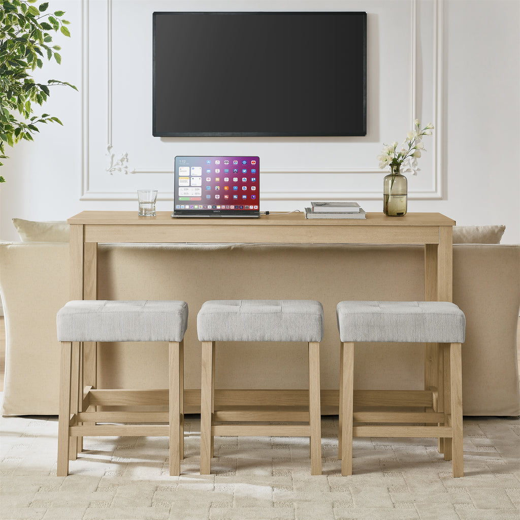 59 Inch Bar Table, Dining Table, Sofa Table with Power Outlet, 3 Upholstered Stools, 4 Piece Bar Table and Chair Set for Living Room, Dining Room, Kitchen