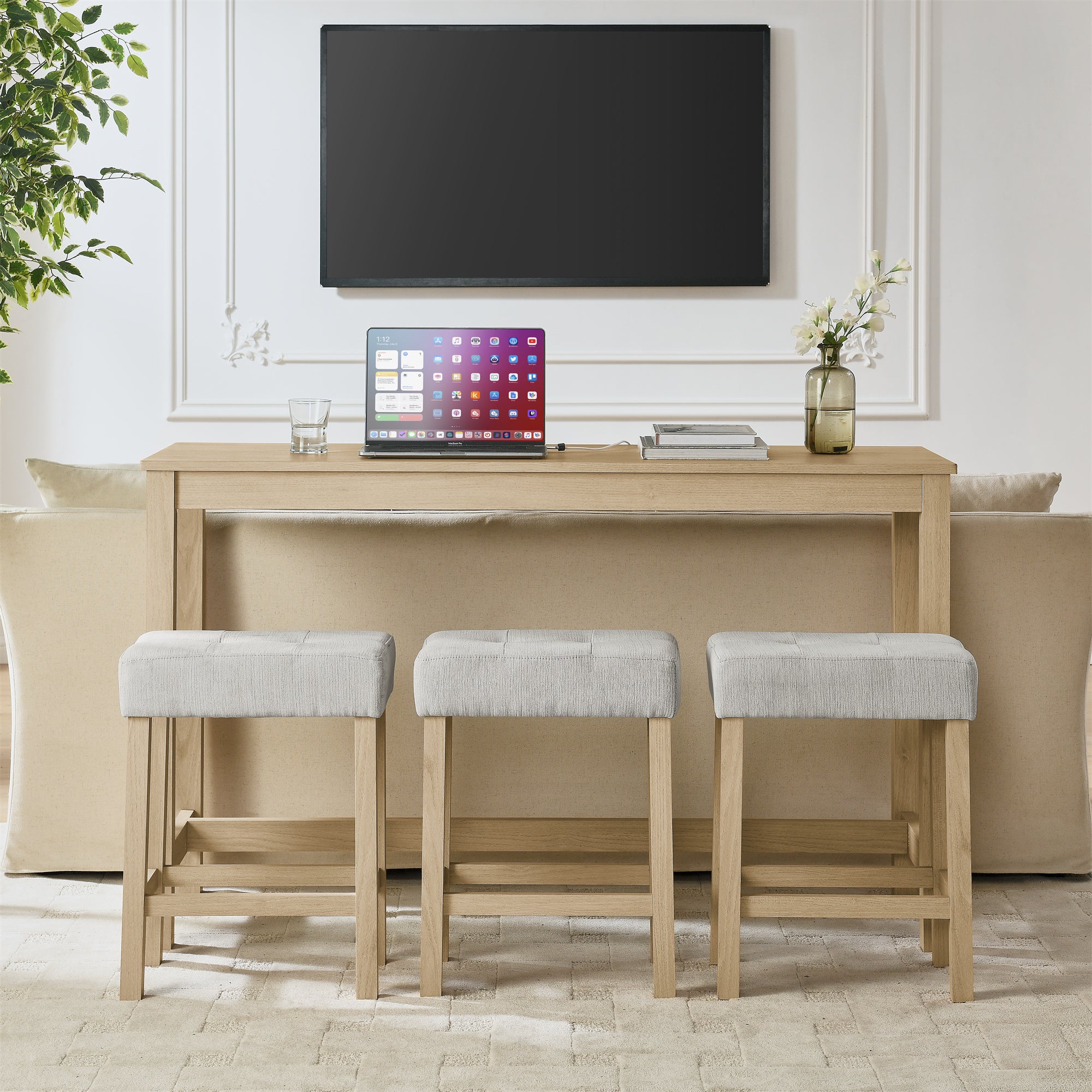 59 Inch Bar Table, Dining Table, Sofa Table with Power Outlet, 3 Upholstered Stools, 4 Piece Bar Table and Chair Set for Living Room, Dining Room, Kitchen