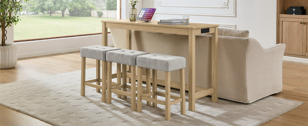 59 Inch Bar Table, Dining Table, Sofa Table with Power Outlet, 3 Upholstered Stools, 4 Piece Bar Table and Chair Set for Living Room, Dining Room, Kitchen