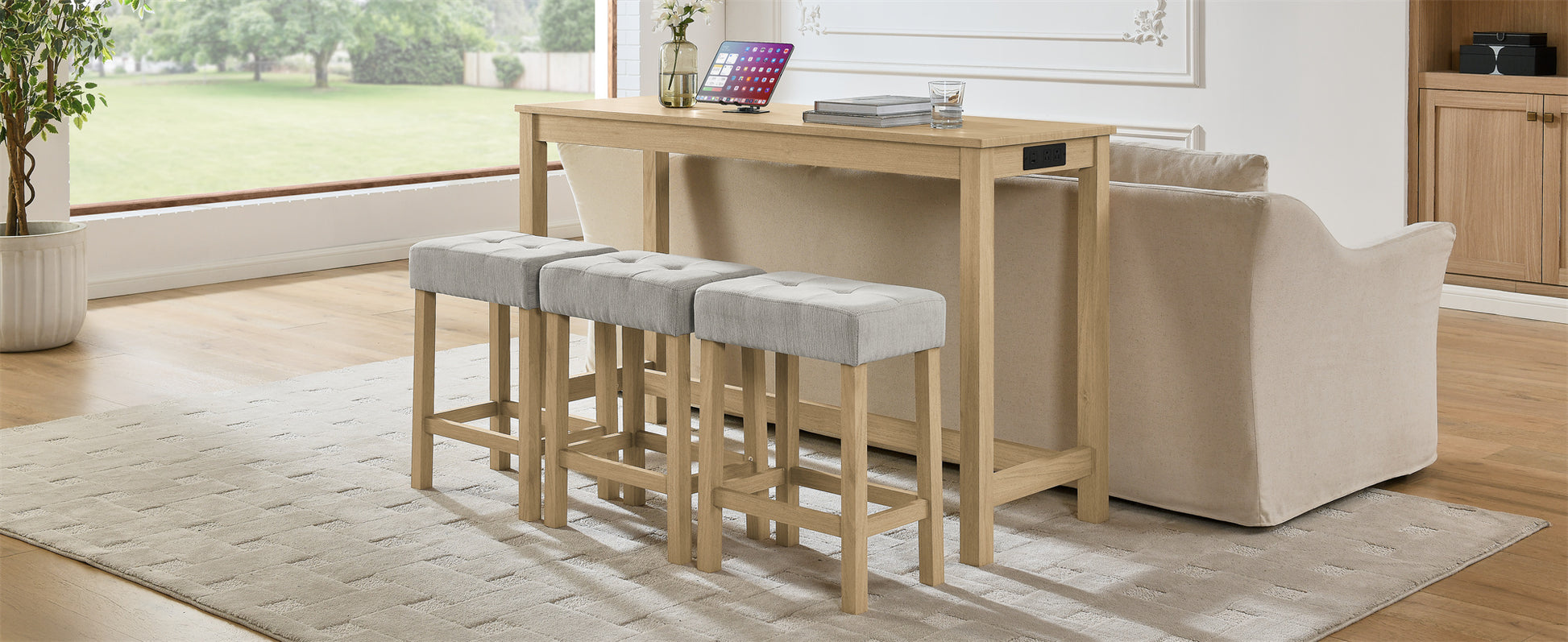 59 Inch Bar Table, Dining Table, Sofa Table with Power Outlet, 3 Upholstered Stools, 4 Piece Bar Table and Chair Set for Living Room, Dining Room, Kitchen