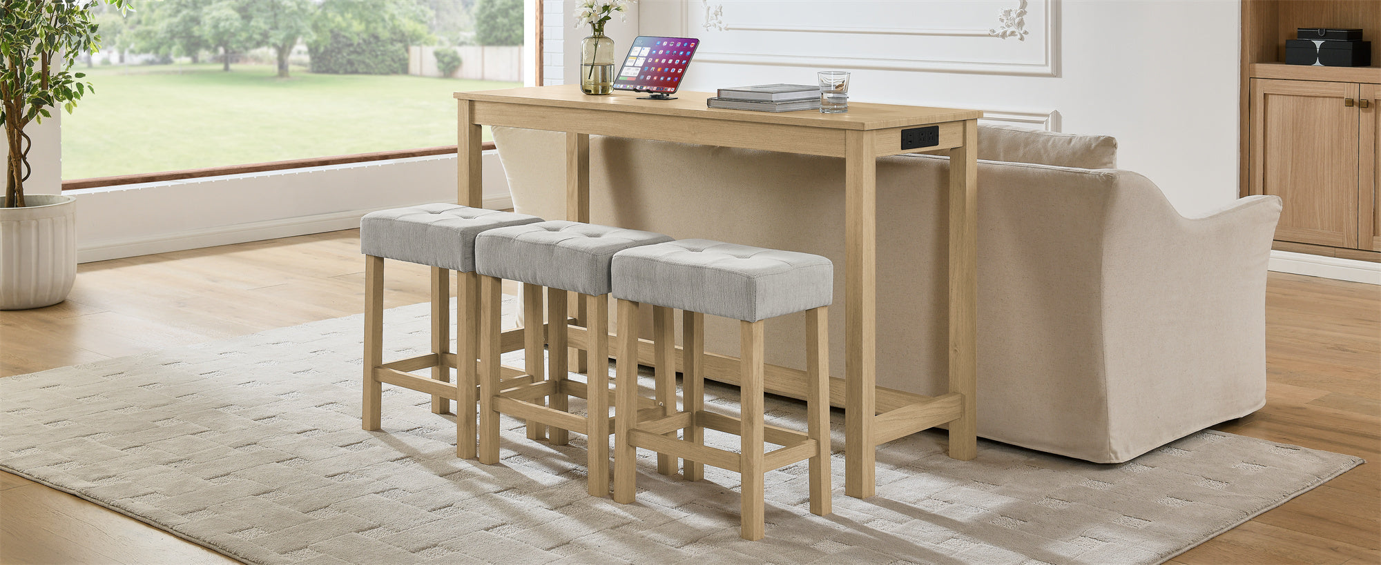 59 Inch Bar Table, Dining Table, Sofa Table with Power Outlet, 3 Upholstered Stools, 4 Piece Bar Table and Chair Set for Living Room, Dining Room, Kitchen