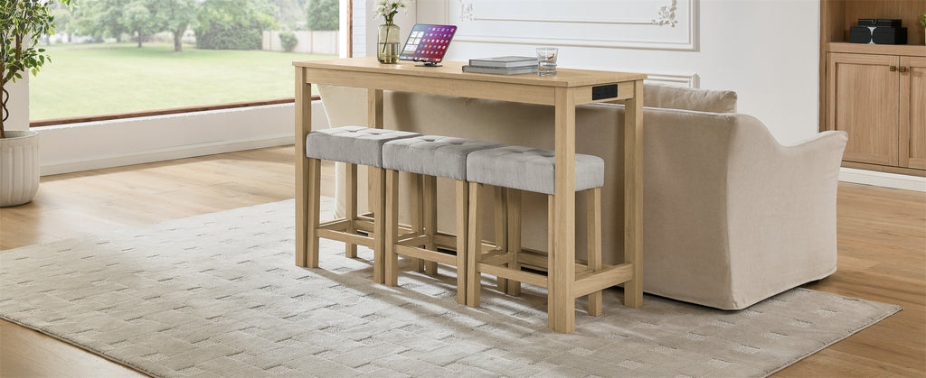 59 Inch Bar Table, Dining Table, Sofa Table with Power Outlet, 3 Upholstered Stools, 4 Piece Bar Table and Chair Set for Living Room, Dining Room, Kitchen