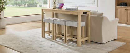 59 Inch Bar Table, Dining Table, Sofa Table with Power Outlet, 3 Upholstered Stools, 4 Piece Bar Table and Chair Set for Living Room, Dining Room, Kitchen