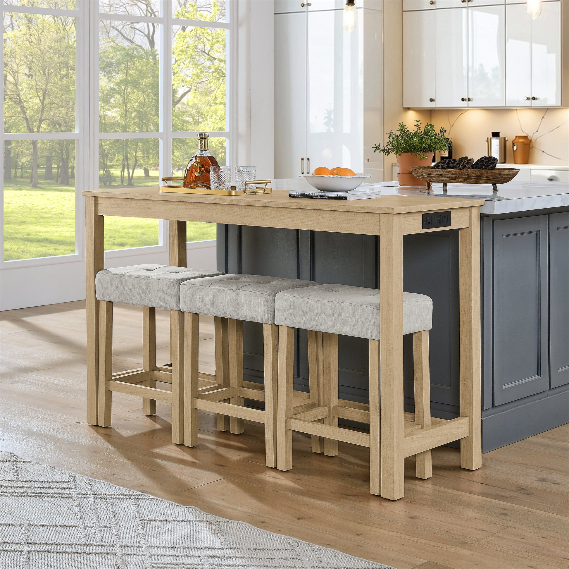 59 Inch Bar Table, Dining Table, Sofa Table with Power Outlet, 3 Upholstered Stools, 4 Piece Bar Table and Chair Set for Living Room, Dining Room, Kitchen