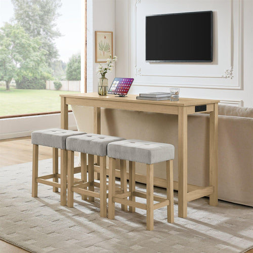 Light Oak Solid Wood 4-Piece Bar Table Set With Power Outlet.