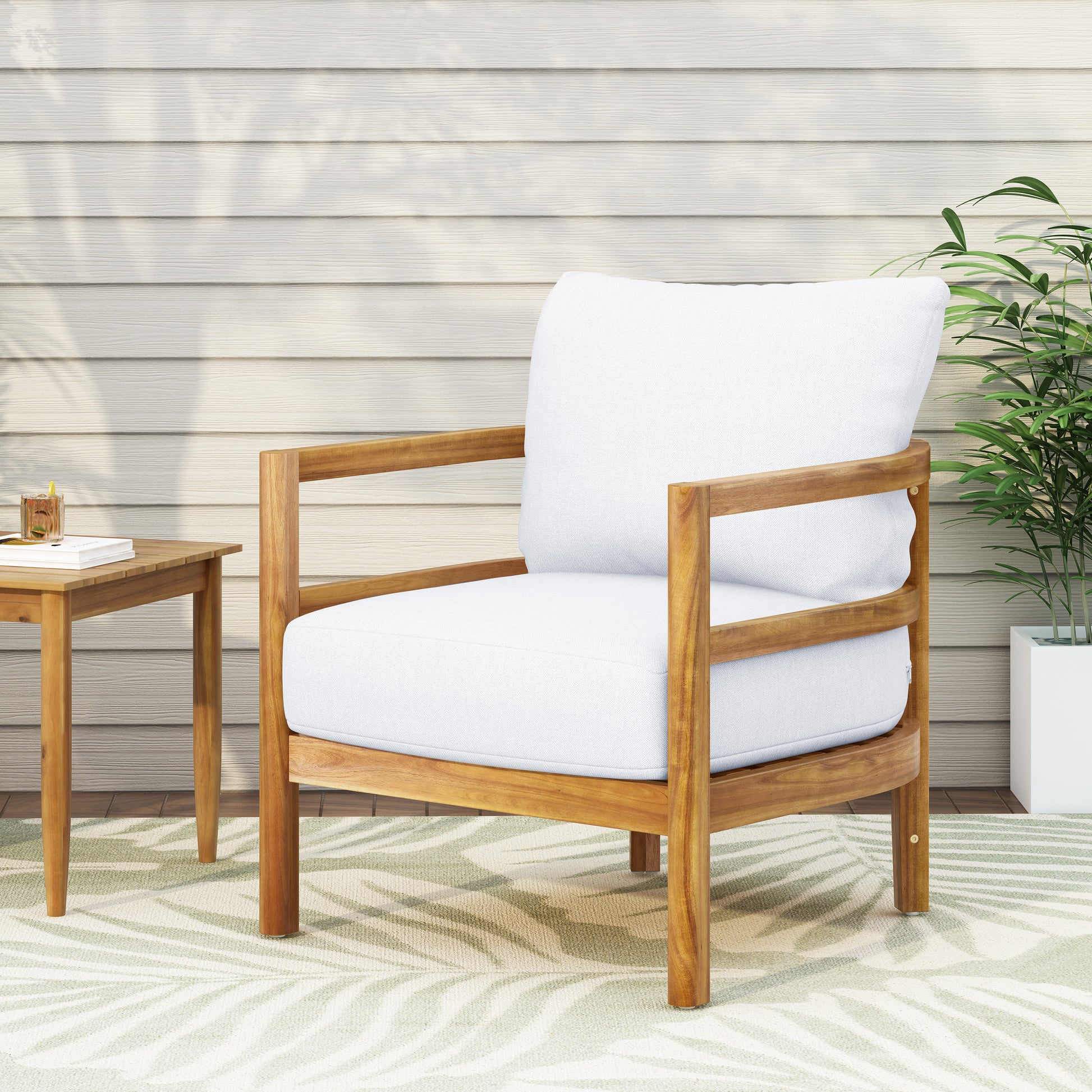 Set of 2, Outdoor Acacia Wood Patio Club Chair, Wood Patio Furniture,Waterproof Thick Cushion Deep Seating for Porch, Garden, Backyard, Balcony, Weight Capacity 400lbs, Light Teak Finish, White
