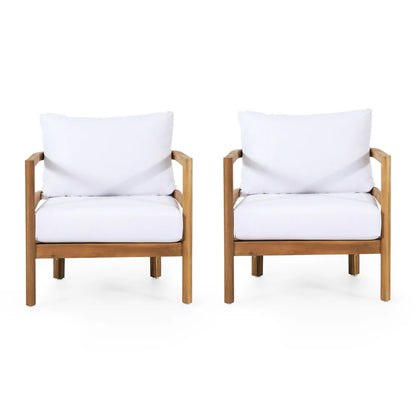 Set of 2, Outdoor Acacia Wood Patio Club Chair, Wood Patio Furniture,Waterproof Thick Cushion Deep Seating for Porch, Garden, Backyard, Balcony, Weight Capacity 400lbs, Light Teak Finish, White