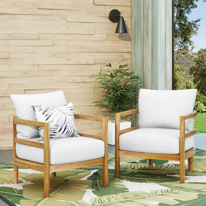 Set of 2, Outdoor Acacia Wood Patio Club Chair, Wood Patio Furniture,Waterproof Thick Cushion Deep Seating for Porch, Garden, Backyard, Balcony, Weight Capacity 400lbs, Light Teak Finish, White