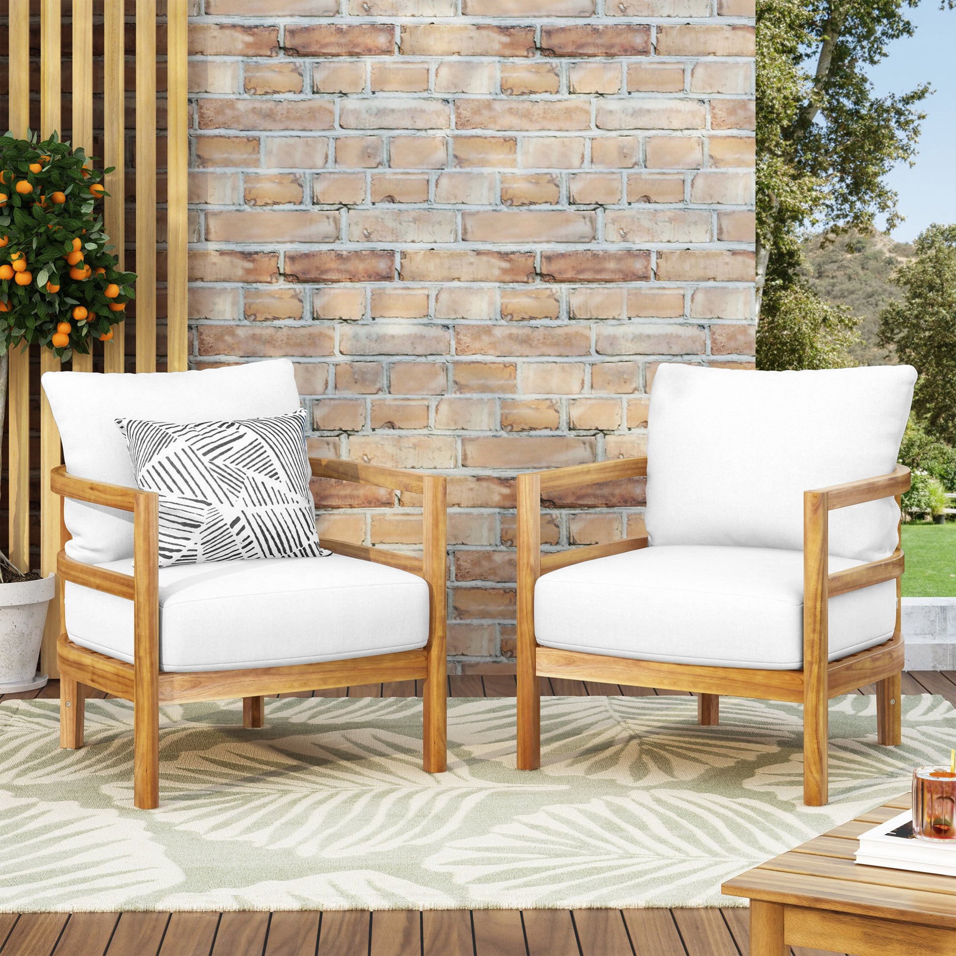 Set of 2, Outdoor Acacia Wood Patio Club Chair, Wood Patio Furniture,Waterproof Thick Cushion Deep Seating for Porch, Garden, Backyard, Balcony, Weight Capacity 400lbs, Light Teak Finish, White