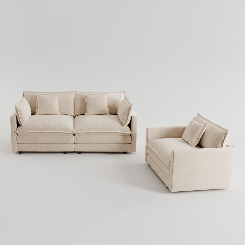 Beige sofa and armchair set on a light gray background