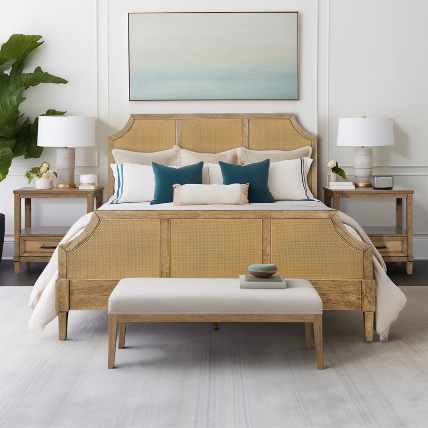 Lily Pond Woven Cane Queen Platform Bed Natural Wood Toasted Almond Finish 63x86 Inches Bed Frame