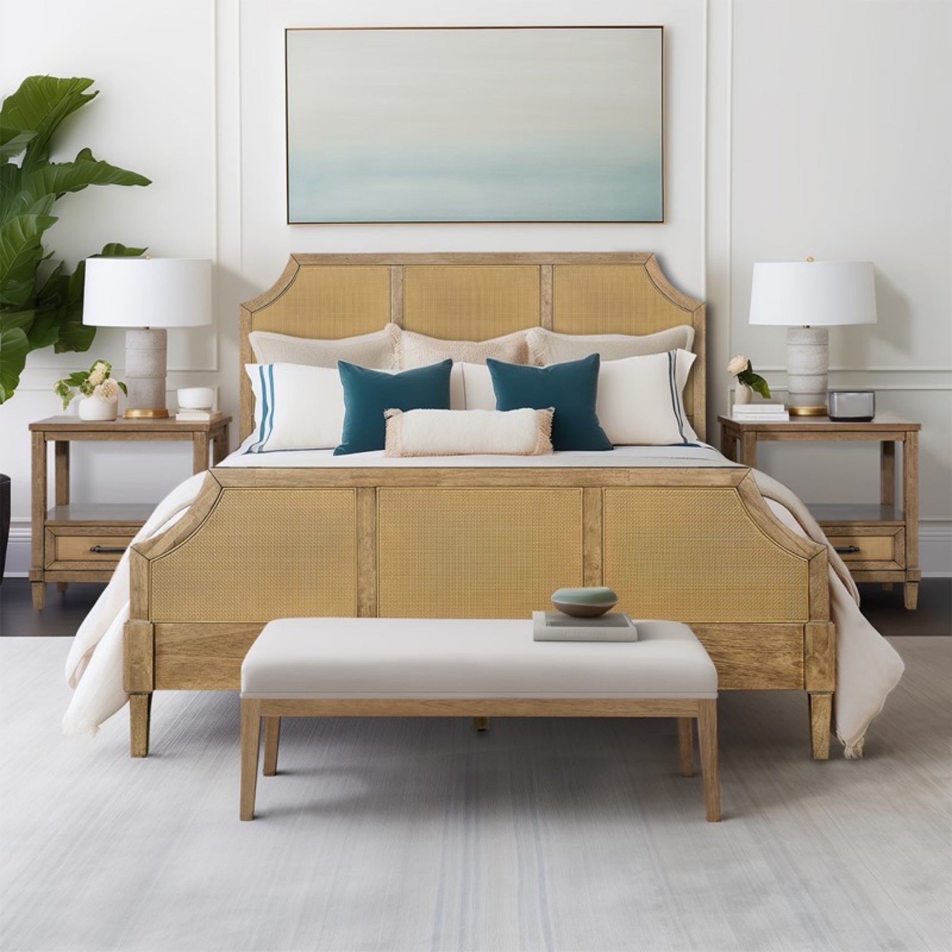 Lily Pond Woven Cane Queen Platform Bed Natural Wood Toasted Almond Finish 63x86 Inches Bed Frame